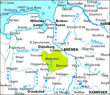 Das Bild zeigt die Lage des Naturparks Wildeshauser Geest. (Quelle Wikipedia, GNU-Lizenz)